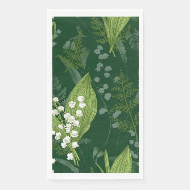 Lily of Valley with Ferns || Dark Green Napkin (Front)