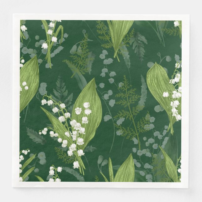 Lily of Valley with Ferns || Dark Green Napkin (Front)