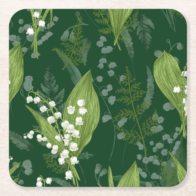 Lily of Valley with Ferns || Dark Green Non Custom Square Paper Coaster (Front)