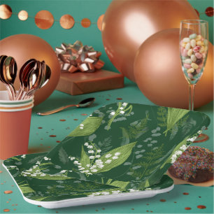 Lily of Valley with Ferns Dark Green Paper Plate