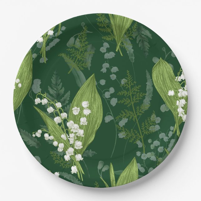 Lily of Valley with Ferns || Dark Green Paper Plate (Front)