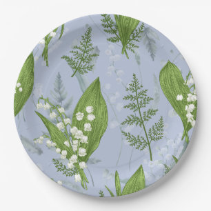 Lily of Valley with Ferns Light Blue Paper Plate