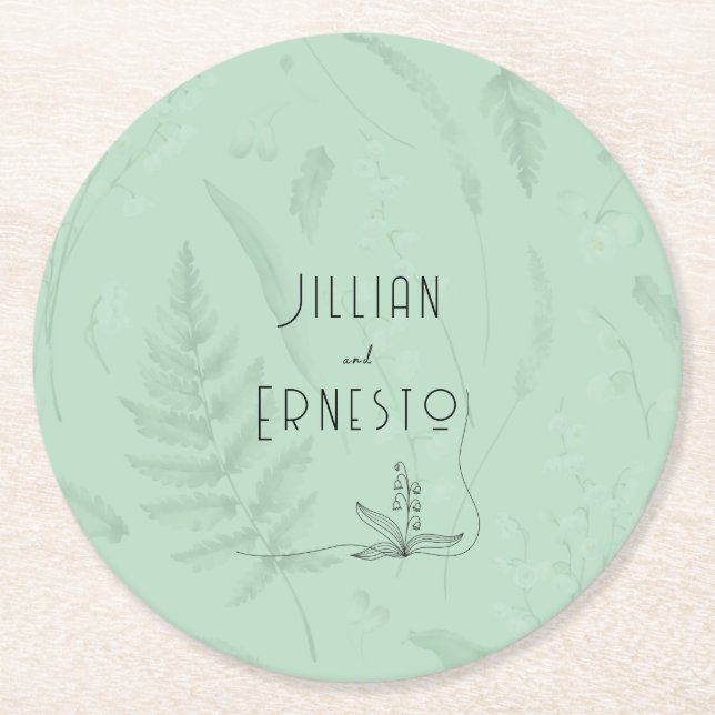 Lily of Valley with Ferns || Soft Green Custom Round Paper Coaster (Front)