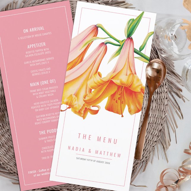 Lily orange peach pink watercolor wedding menu (Creator Uploaded)