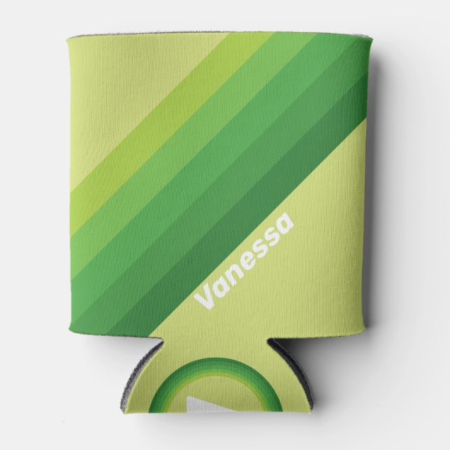 Lily Pad Green Stripes with Name Can Cooler (Front)