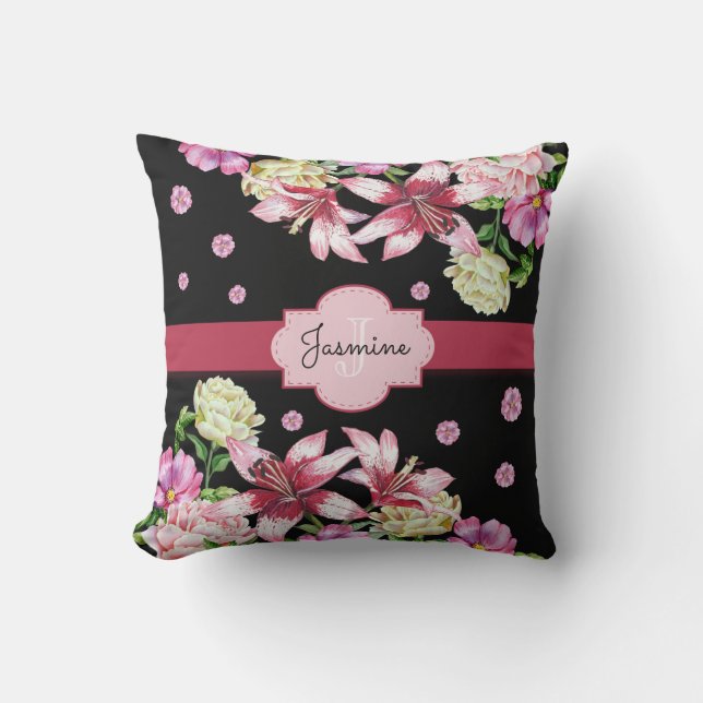 Lily & Peony Floral Black Cushion (Front)