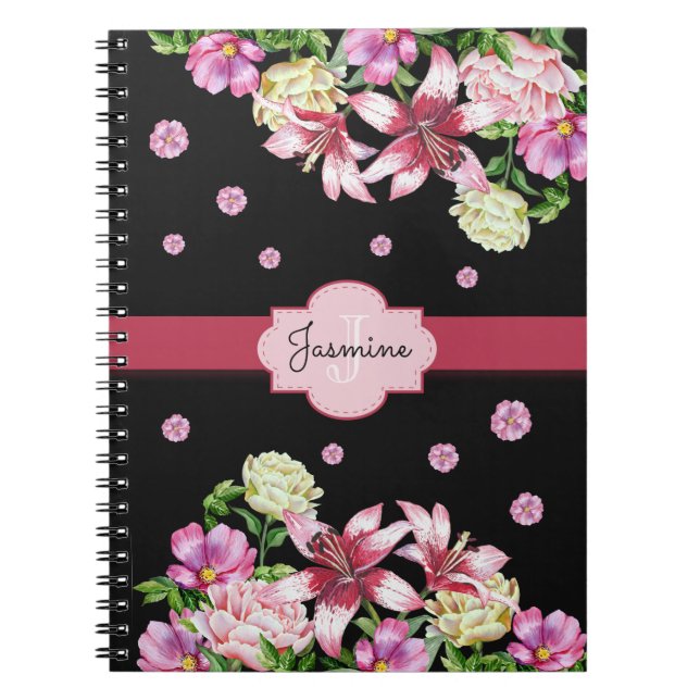 Lily & Peony Floral Black Notebook (Front)