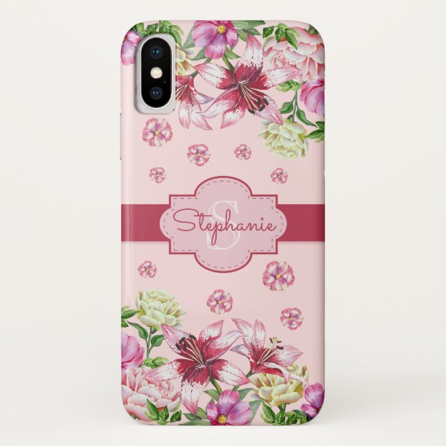 Lily Peony Floral Blush Pink Monogram Case-Mate iPhone Case (Back)
