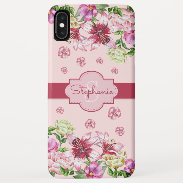 Lily Peony Floral Blush Pink Monogram Case-Mate iPhone Case (Back)