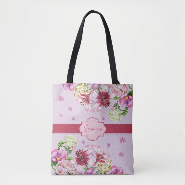 Lily & Peony Floral Purple Tote Bag (Front)