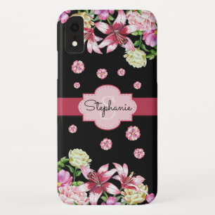 Lily Peony Watercolor Floral Black Monogram iPhone XR Case