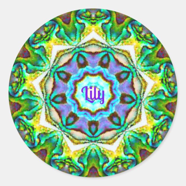LILY ~ Personalized Paua Shell Fractal ~ Classic Round Sticker (Front)