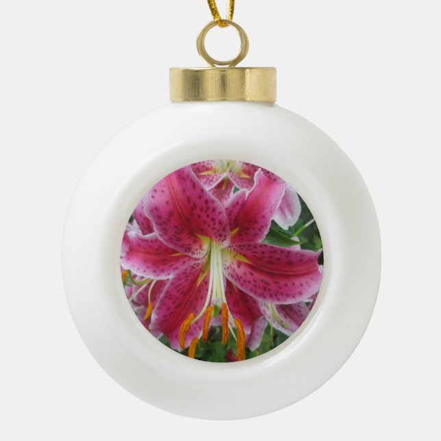 Lily Stargazer Purple Flower Ceramic Ball Christmas Ornament (Front)