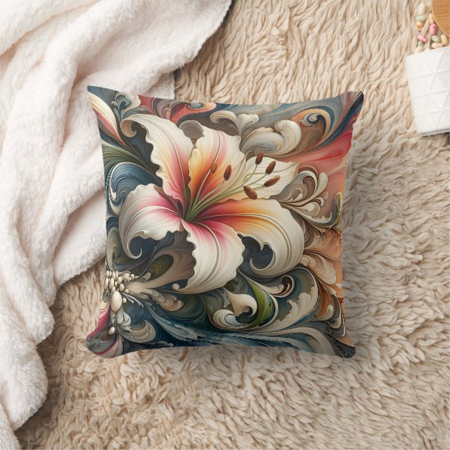 Lily Surrounded by Colourful Swirling Patterns Cushion (Blanket)