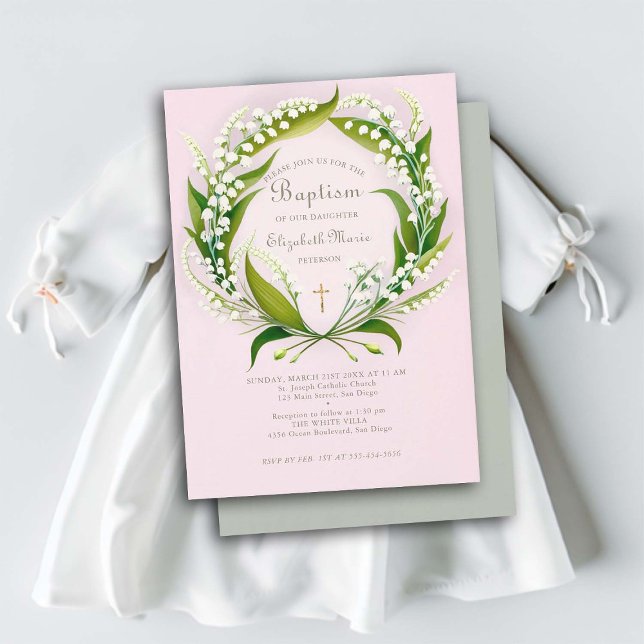 Lily Valley Gold Cross Wreath Formal Pink Baptism Invitation (girl baptism invitation lily valley wreath gold cross elegant formal classic simple watercolor)