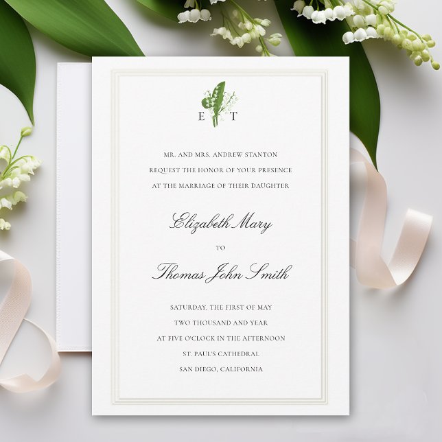 Lily Valley Monograms Faux Embossed Formal Wedding Invitation (lily of the valley wedding invitation formal traditional calligraphy monograms art unique elegant )