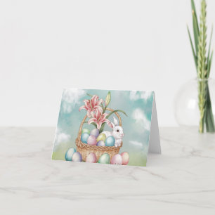 Lily Watercolor & Pastel Eggs with Bunny in Basket Card