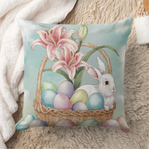 Lily Watercolor & Pastel Eggs with Bunny in Basket Cushion
