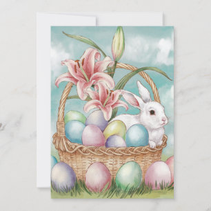 Lily Watercolor & Pastel Eggs with Bunny in Basket Holiday Card