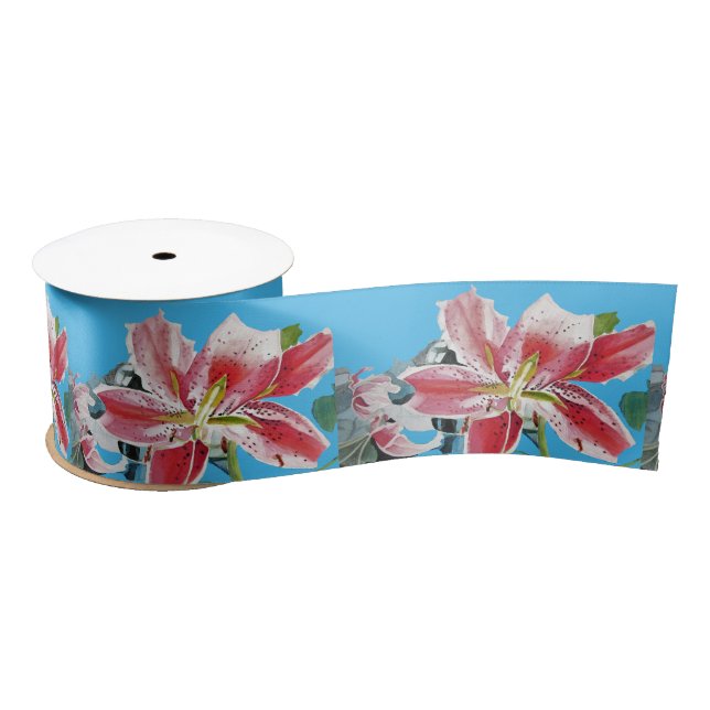 Lily Watercolor Red Oriental floral Satin Ribbon (Spool)