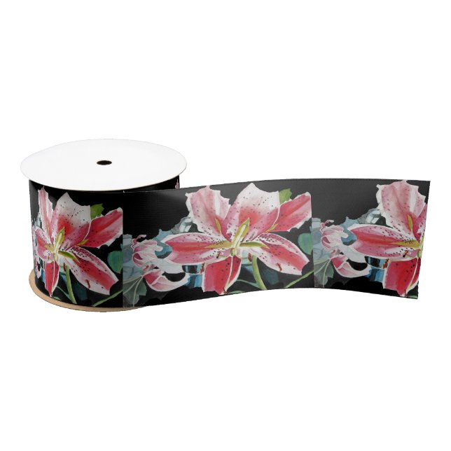 Lily Watercolor Red Oriental floral Satin Ribbon (Spool)