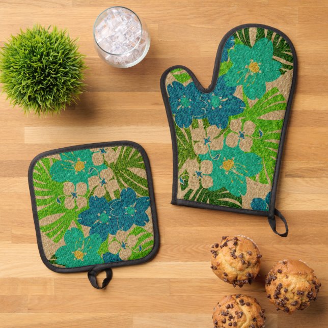 Limahuli Garden Hawaiian Faux Texture Turq Oven Mitt & Pot Holder Set (Top Down)