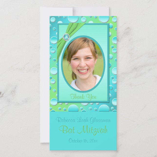 Lime and Aqua Polka Dot Bat Mitzvah Photo Card (Front)