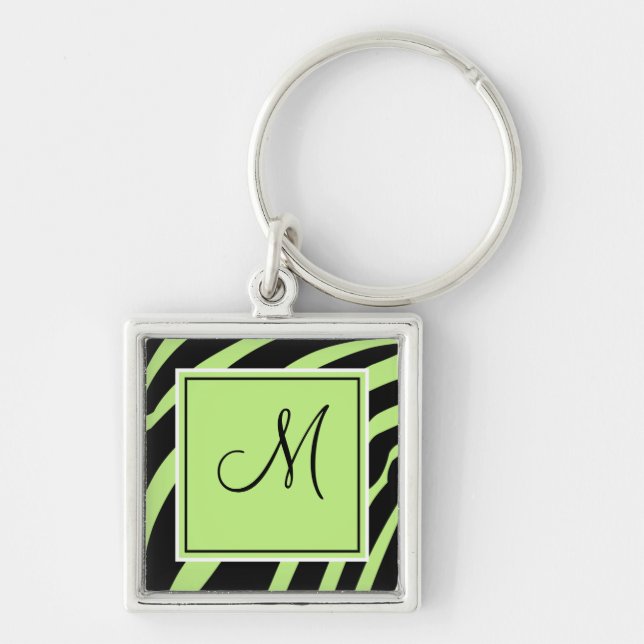 Lime and Black Monogram Zebra Print Keychain (Front)