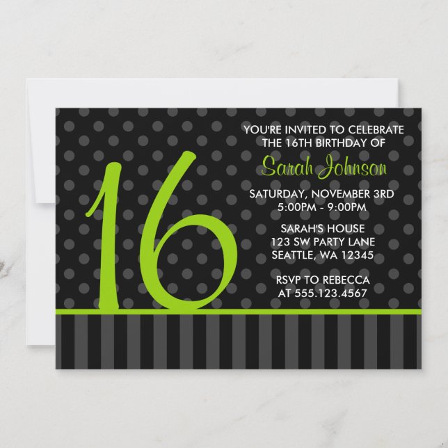 Lime and Black Polka Dot Stripes Sweet 16 Birthday Invitation (Front)