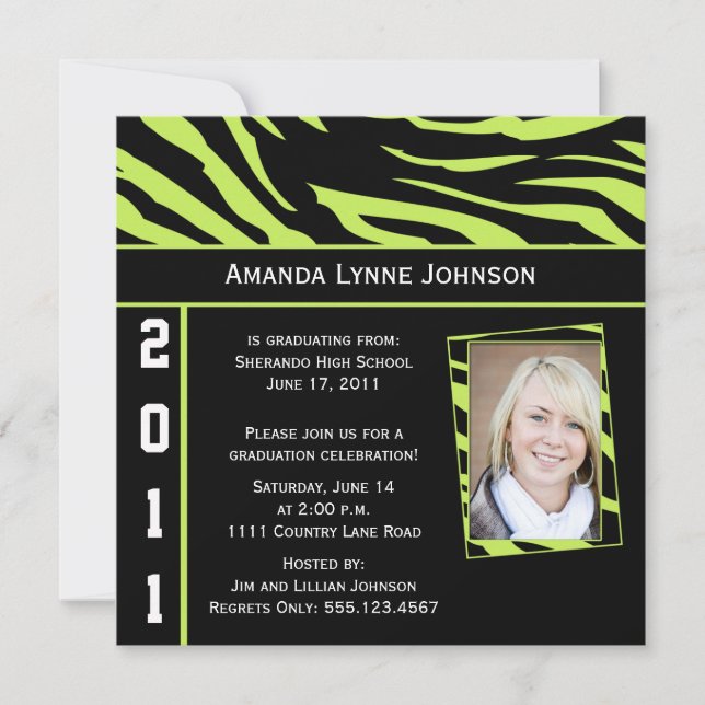Lime and Black Zebra Print Graduation Invitation (Front)