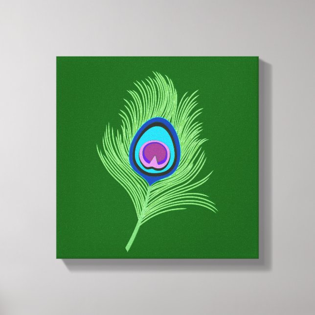 Lime and Blue Peacock Feather on Emerald Green Canvas Print (Front)