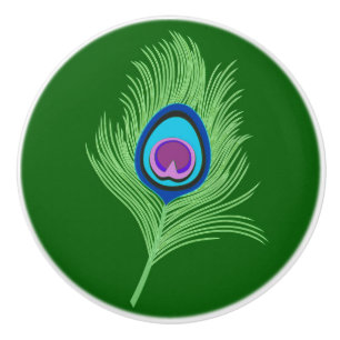 Lime and Blue Peacock Feather on Emerald Green Ceramic Knob