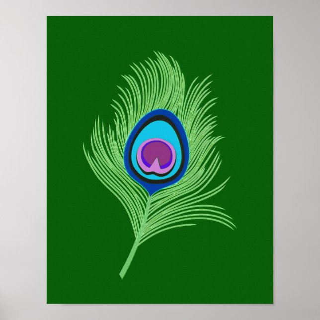 Lime and Blue Peacock Feather on Emerald Green Poster (Front)