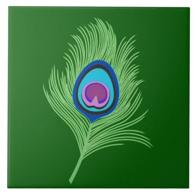 Lime and Blue Peacock Feather on Emerald Green Tile (Front)
