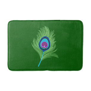 Lime and Blue Peacock Feathers on Emerald Green  Bath Mat