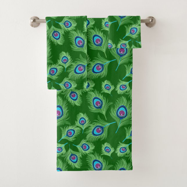 Lime and Blue Peacock Feathers on Emerald Green  Bath Towel Set (Insitu)