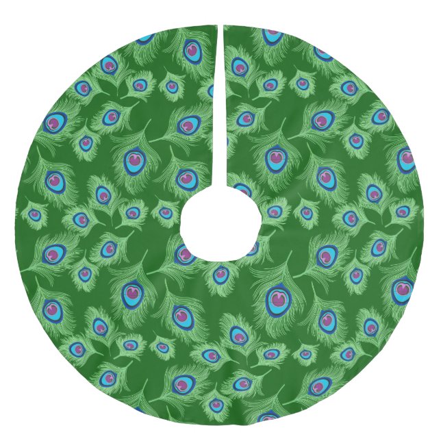 Lime and Blue Peacock Feathers on Emerald Green Brushed Polyester Tree Skirt (Front)