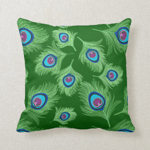 Lime and Blue Peacock Feathers on Emerald Green Cushion