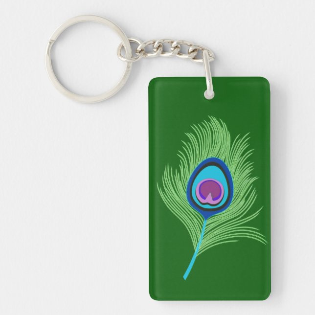 Lime and Blue Peacock Feathers on Emerald Green  Key Ring (Front)
