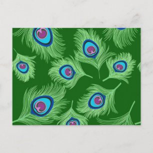 Lime and Blue Peacock Feathers on Emerald Green Postcard