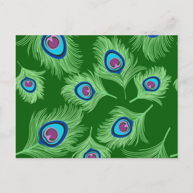 Lime and Blue Peacock Feathers on Emerald Green Postcard (Front)