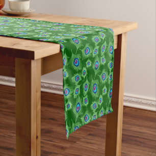 Lime and Blue Peacock Feathers on Emerald Green Short Table Runner