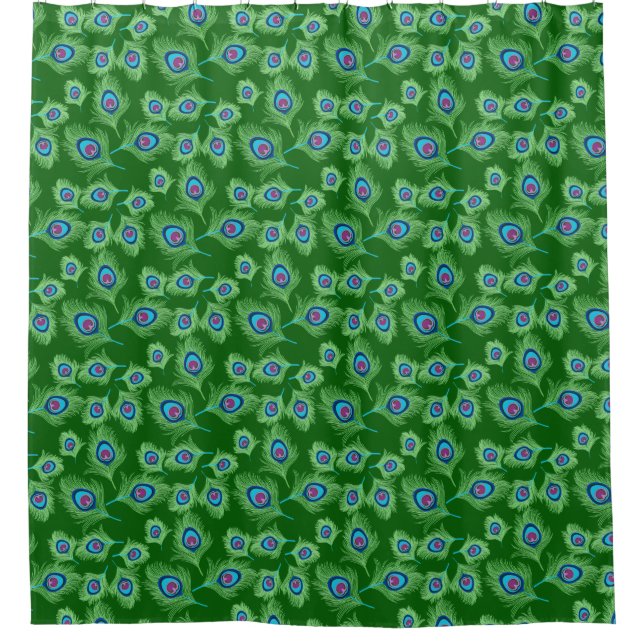 Lime and Blue Peacock Feathers on Emerald Green  Shower Curtain (Front)