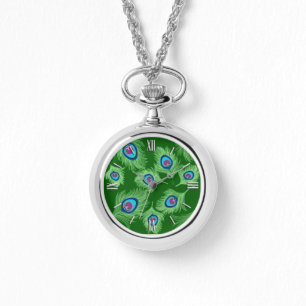 Lime and Blue Peacock Feathers on Emerald Green Watch