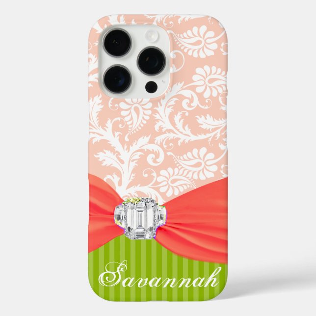Lime and Coral Faux Rhinstone Personalise Damask Case-Mate iPhone Case (Back)