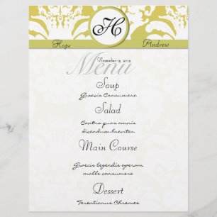 Lime and Gold Damask Monogram Wedding Menu