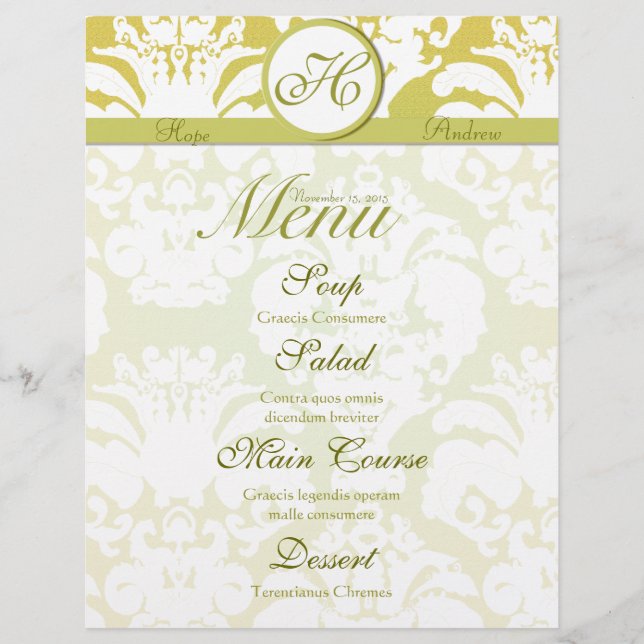 Lime and Gold Damask Monogram Wedding Menu (Front)