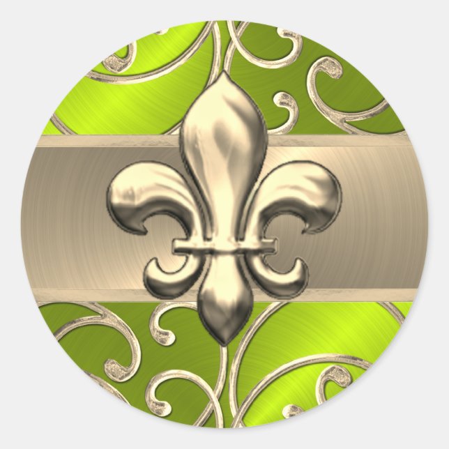 Lime and Gold Filigree Swirls Fleur de Lis Classic Round Sticker (Front)