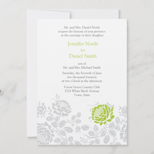 Lime And Grey Damask Wedding Invitations (Front)