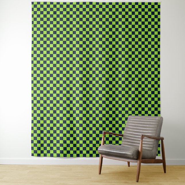 Lime and navy checkerboard pattern tapestry (In Situ)